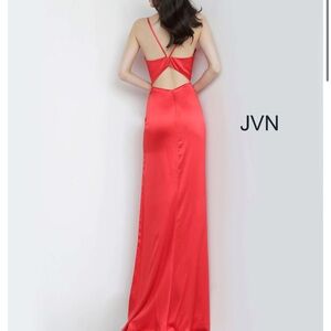 JVN Coral-Red Satin Evening Dress